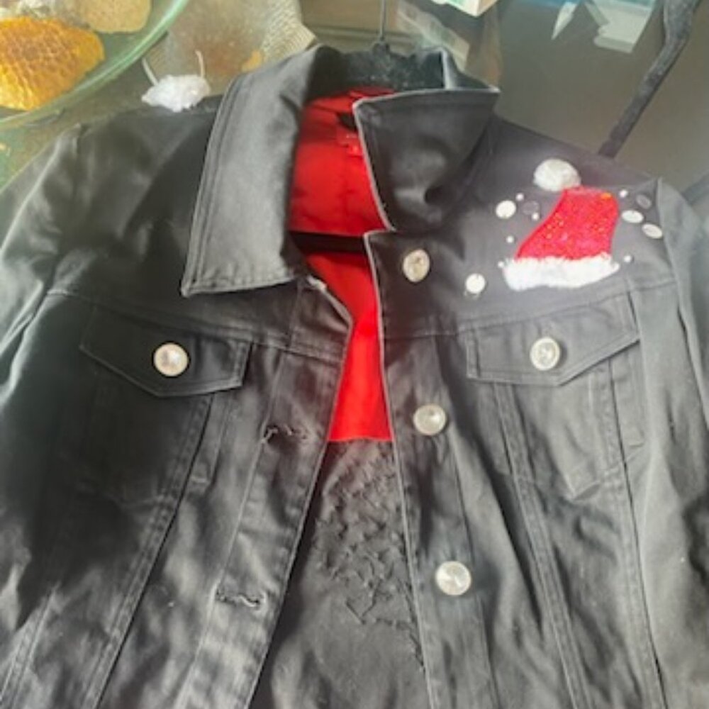 Jack B. Quick Black Denim Jacket – Sequined Santa Claus – Size S – Holiday State